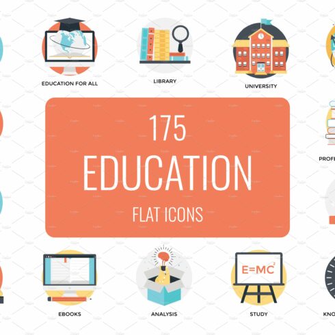 175 Flat Education Icons cover image.