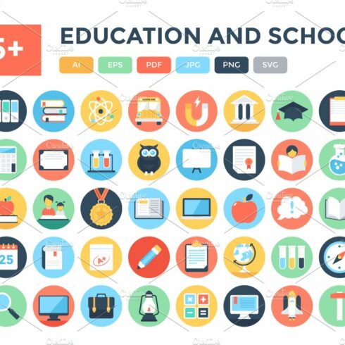 125+ Flat Education and School Icons cover image.