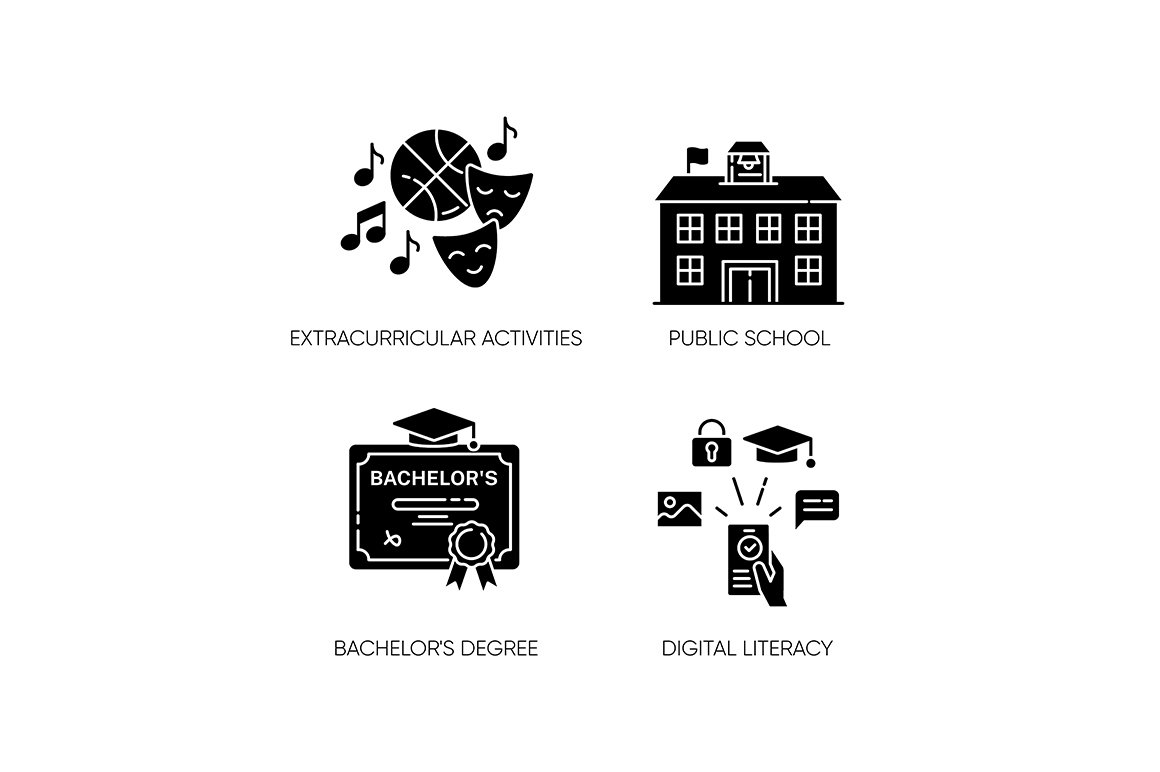 Public school education black icons cover image.