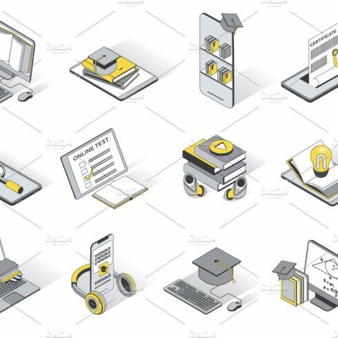 Online Education Isometric Icons cover image.