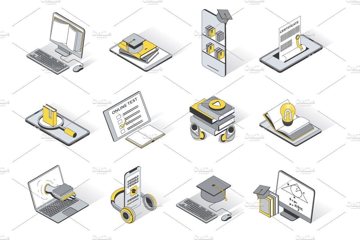 Online Education Isometric Icons cover image.