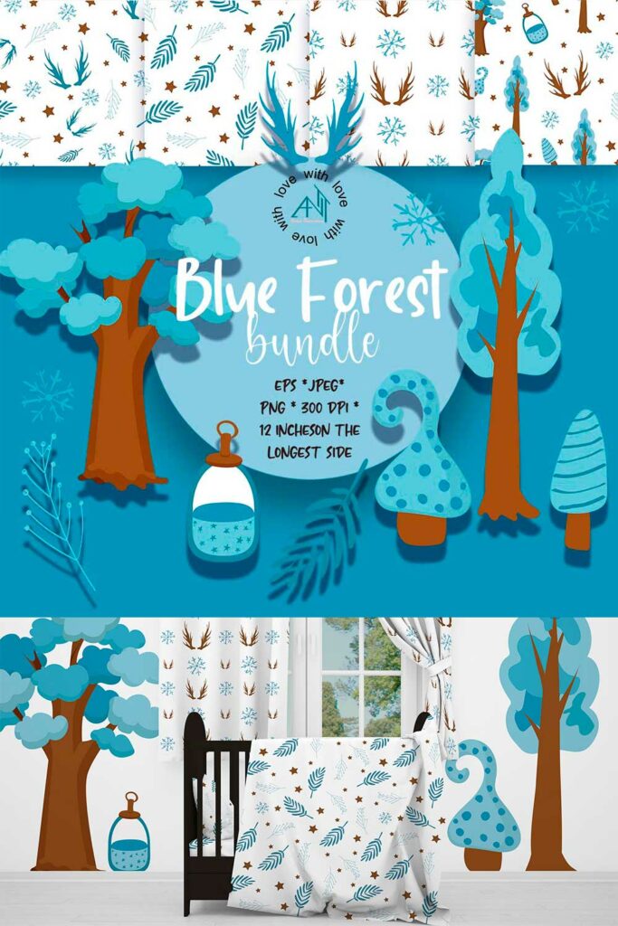 Blue forest patterns, clipart png,eps,jpeg - MasterBundles