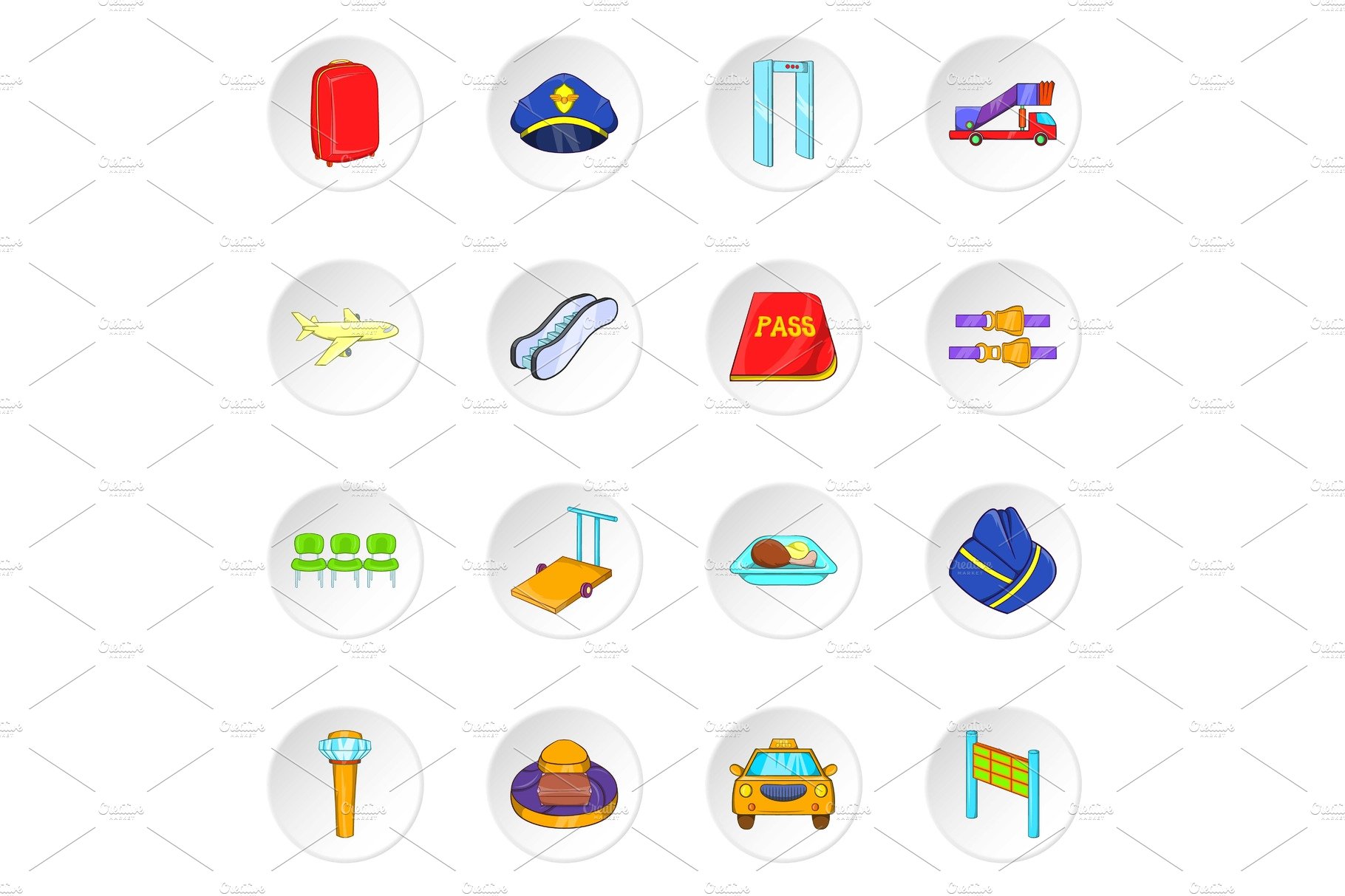 Airport icons, cartoon style cover image.