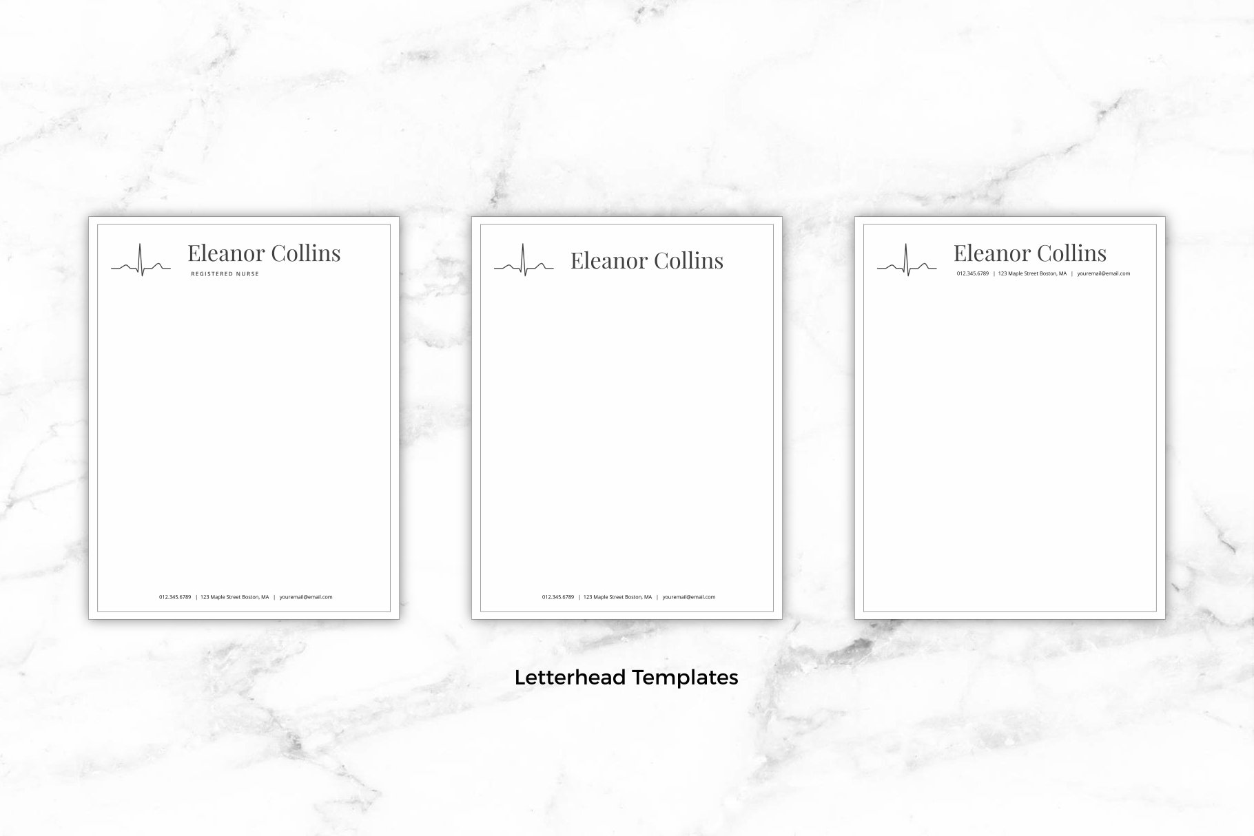 Set of three letterhead templates on a marble background.