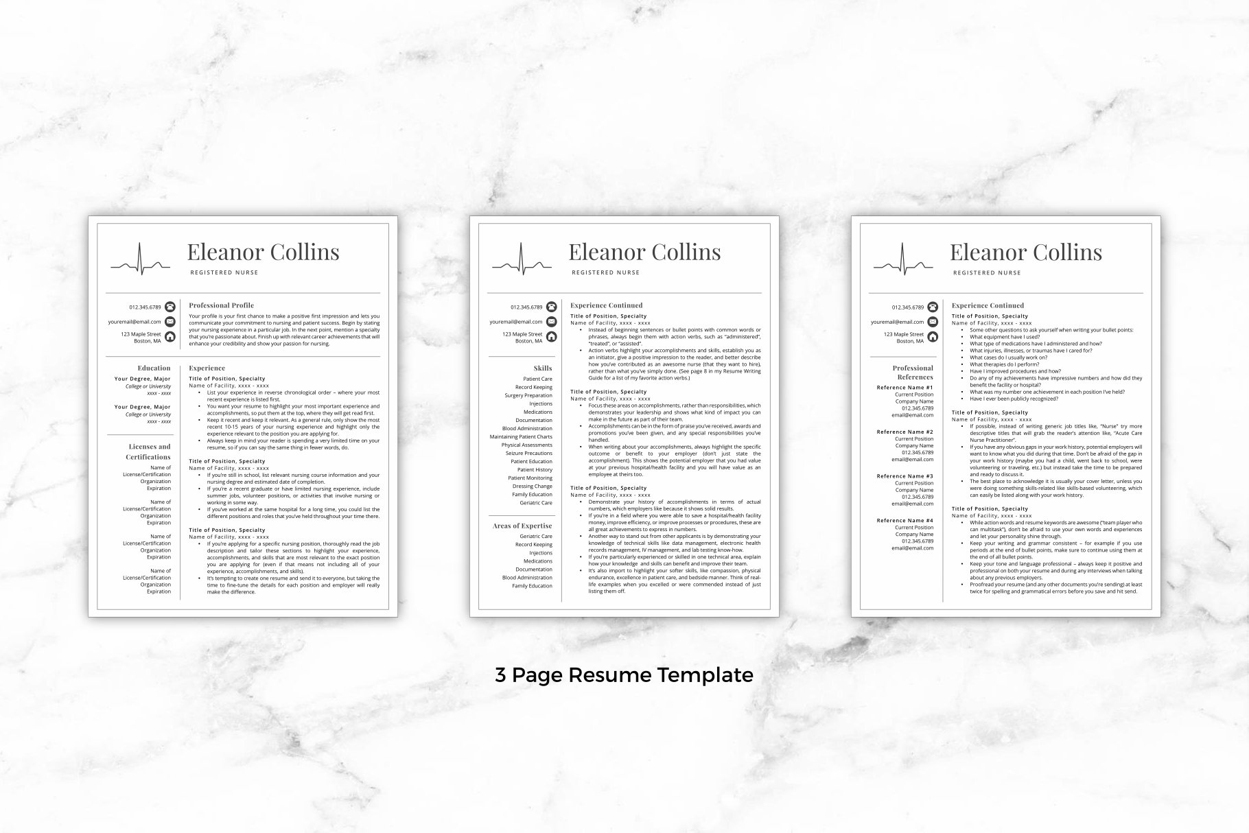 Three resume templates on a marble background.