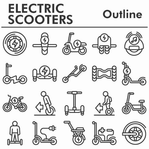 Set, electric scooters icons set cover image.