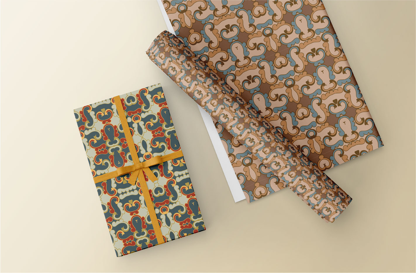 Gift wrapped in a brown and blue patterned paper.