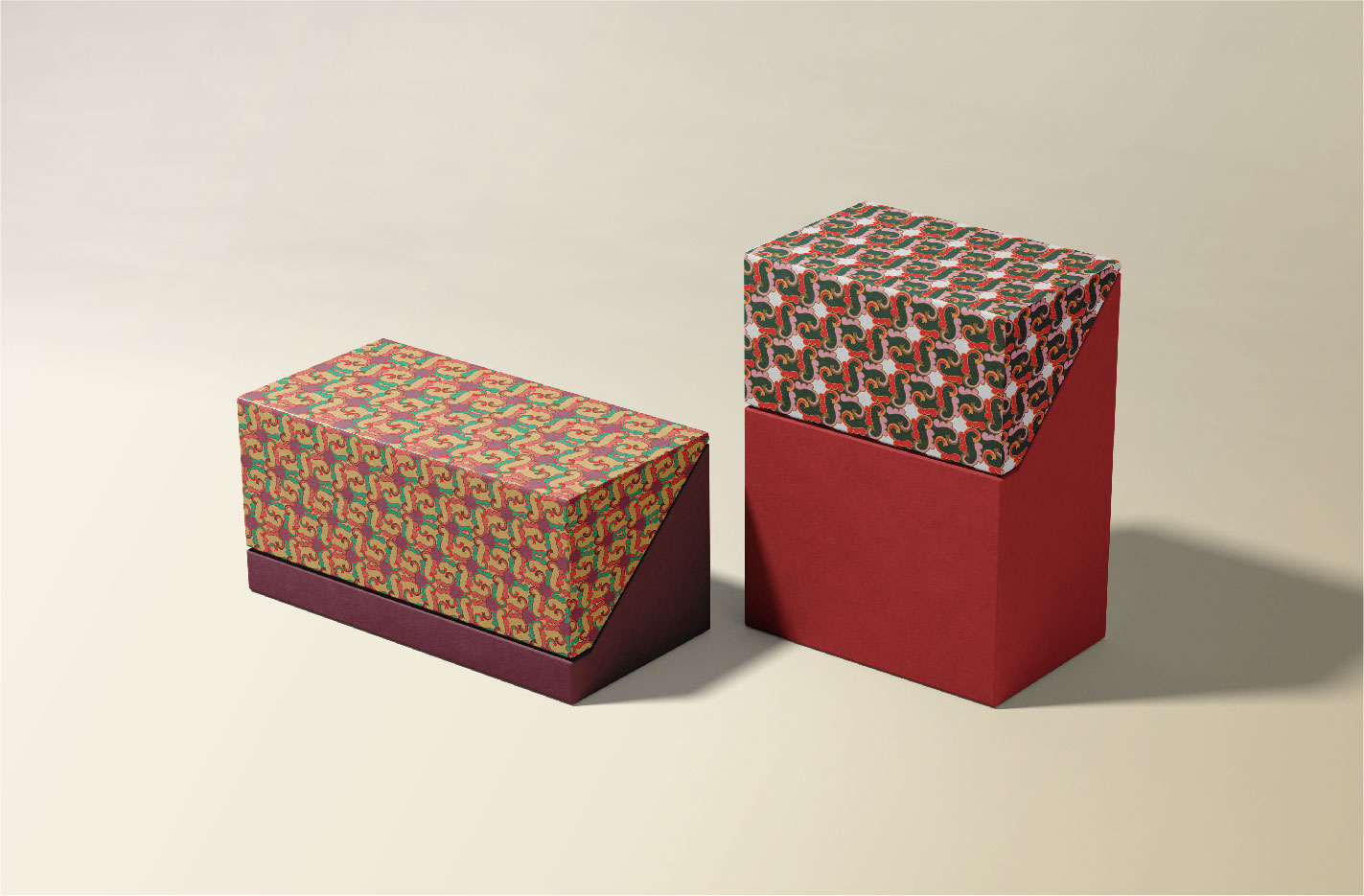 Red box with a pattern on it and a red box with a pattern on.