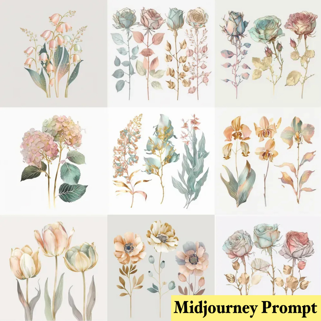 Elegant Watercolor Flowers Midjourney Prompt cover image.