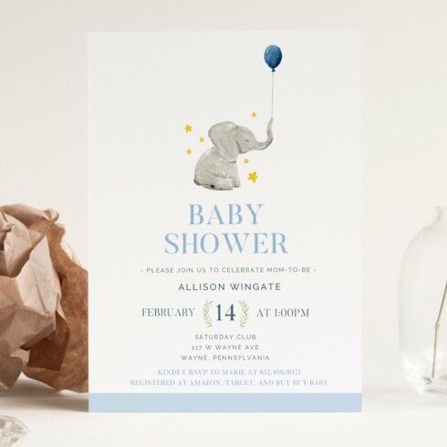 Elephant Baby Shower Invitation cover image.