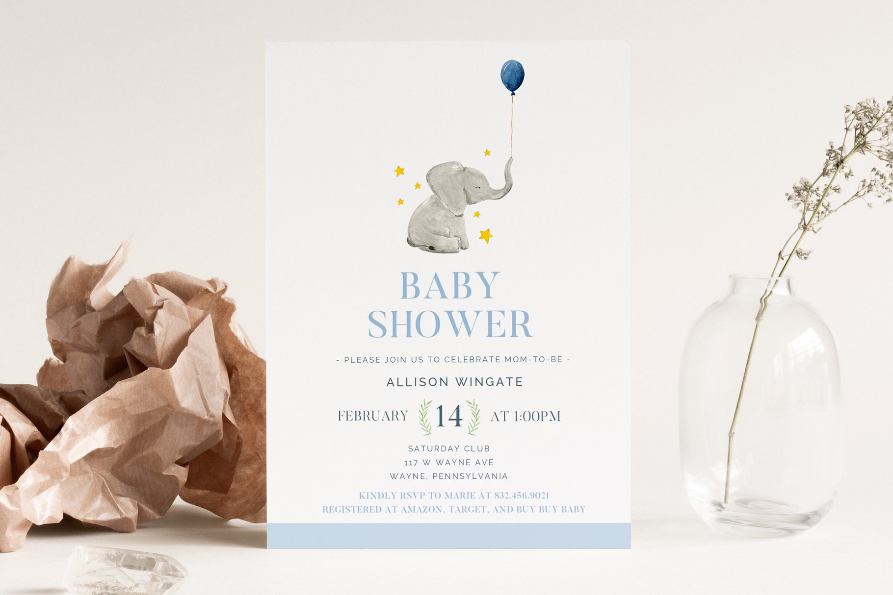 Elephant Baby Shower Invitation cover image.