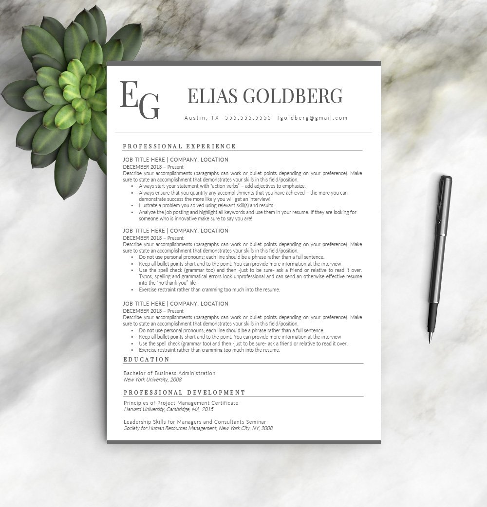 Professional resume template with a green plant on top of it.
