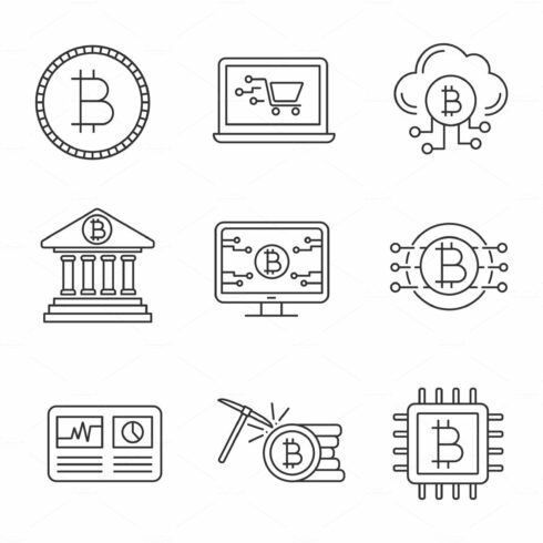 Bitcoin cryptocurrency linear icons cover image.