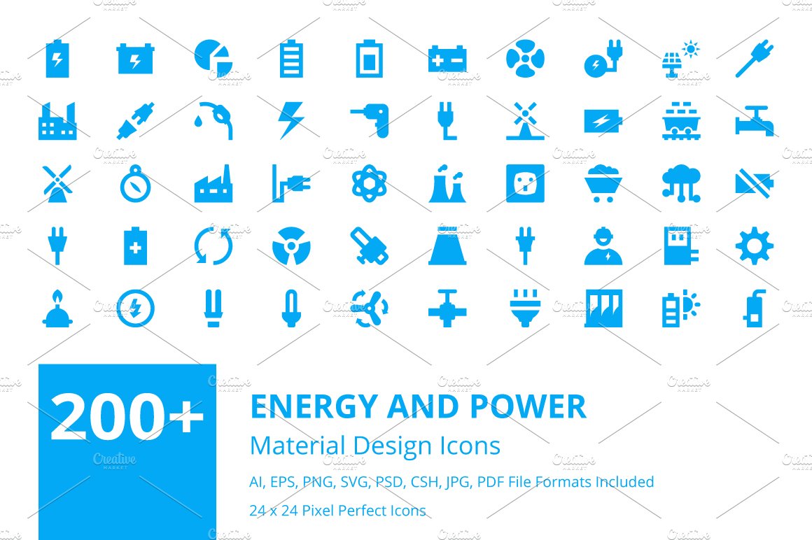 200+ Energy and Power Material Icons cover image.