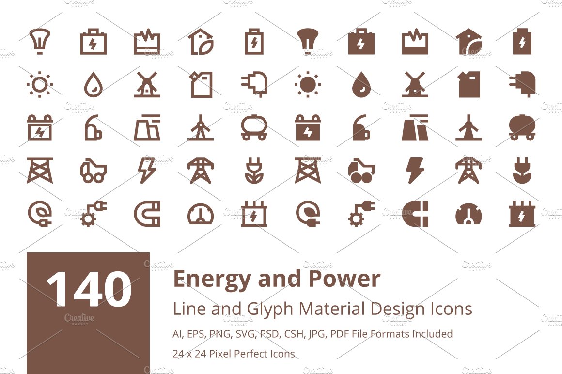 140 Energy and Power Material Icons cover image.