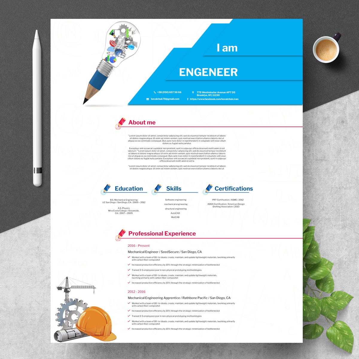 Engineering Resume Template PSD preview image.