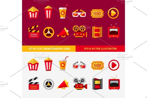 Set of flat cinema icons for online cover image.