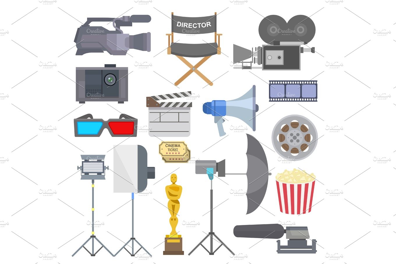 Cinema movie making tv show tools equipment symbols icons vector set illust... cover image.