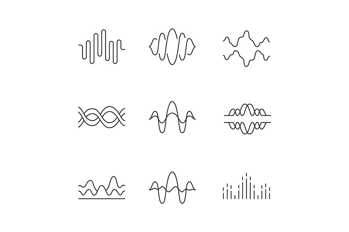 Sound and audio waves linear icons cover image.