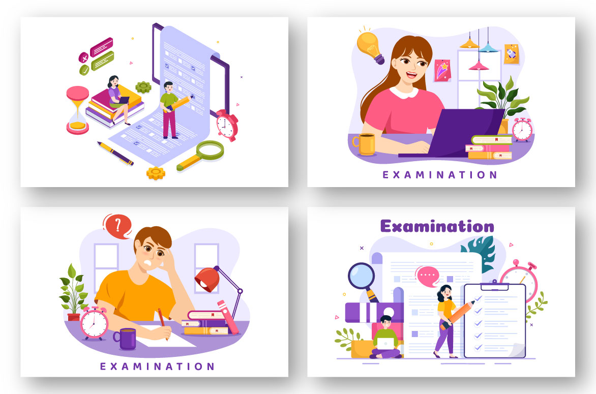 Four different illustrations of people working on laptops.