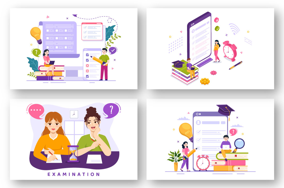 Series of four illustrations depicting people doing different tasks.