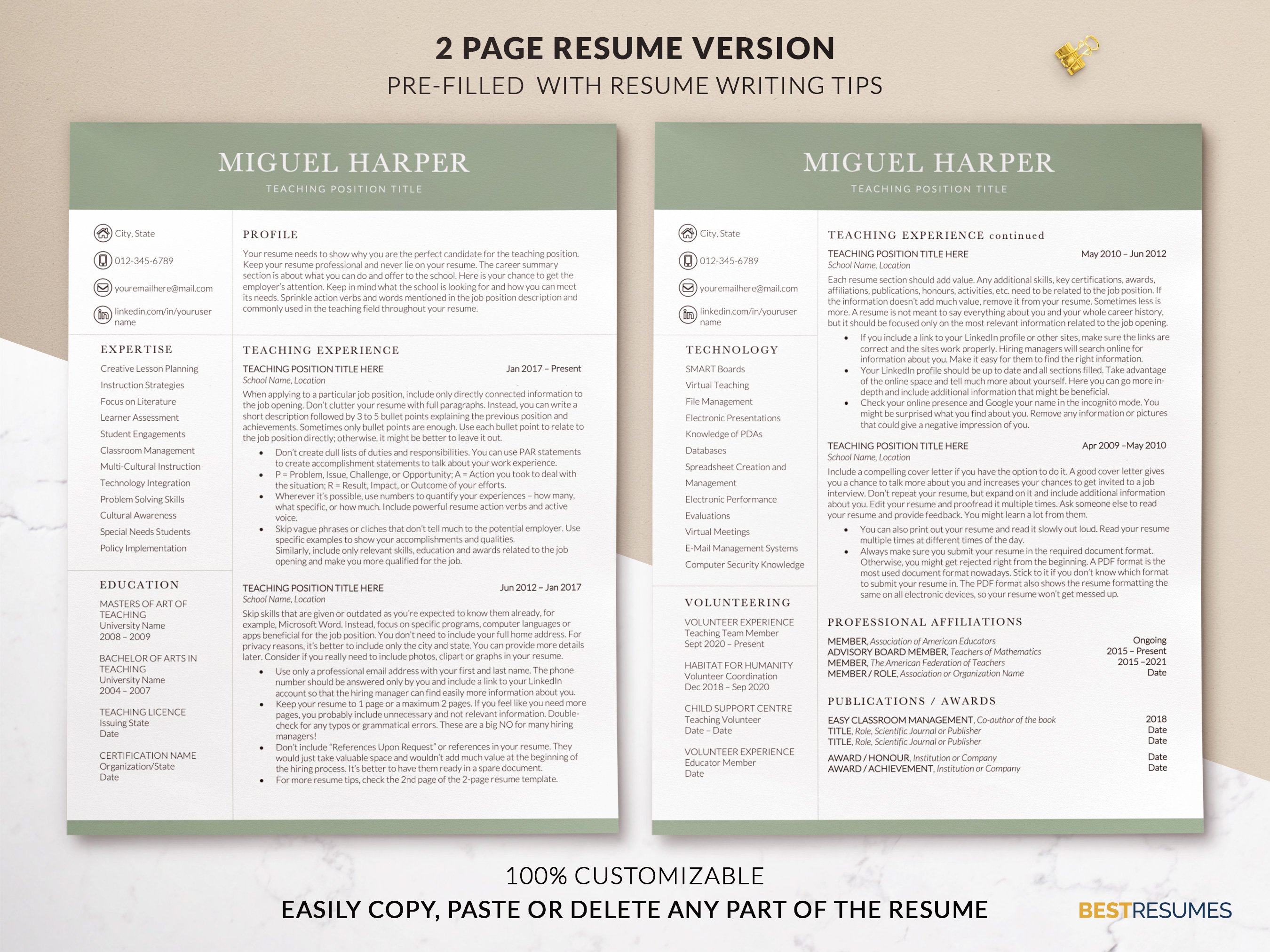 experienced teacher resume template two page resume miguel harper 979