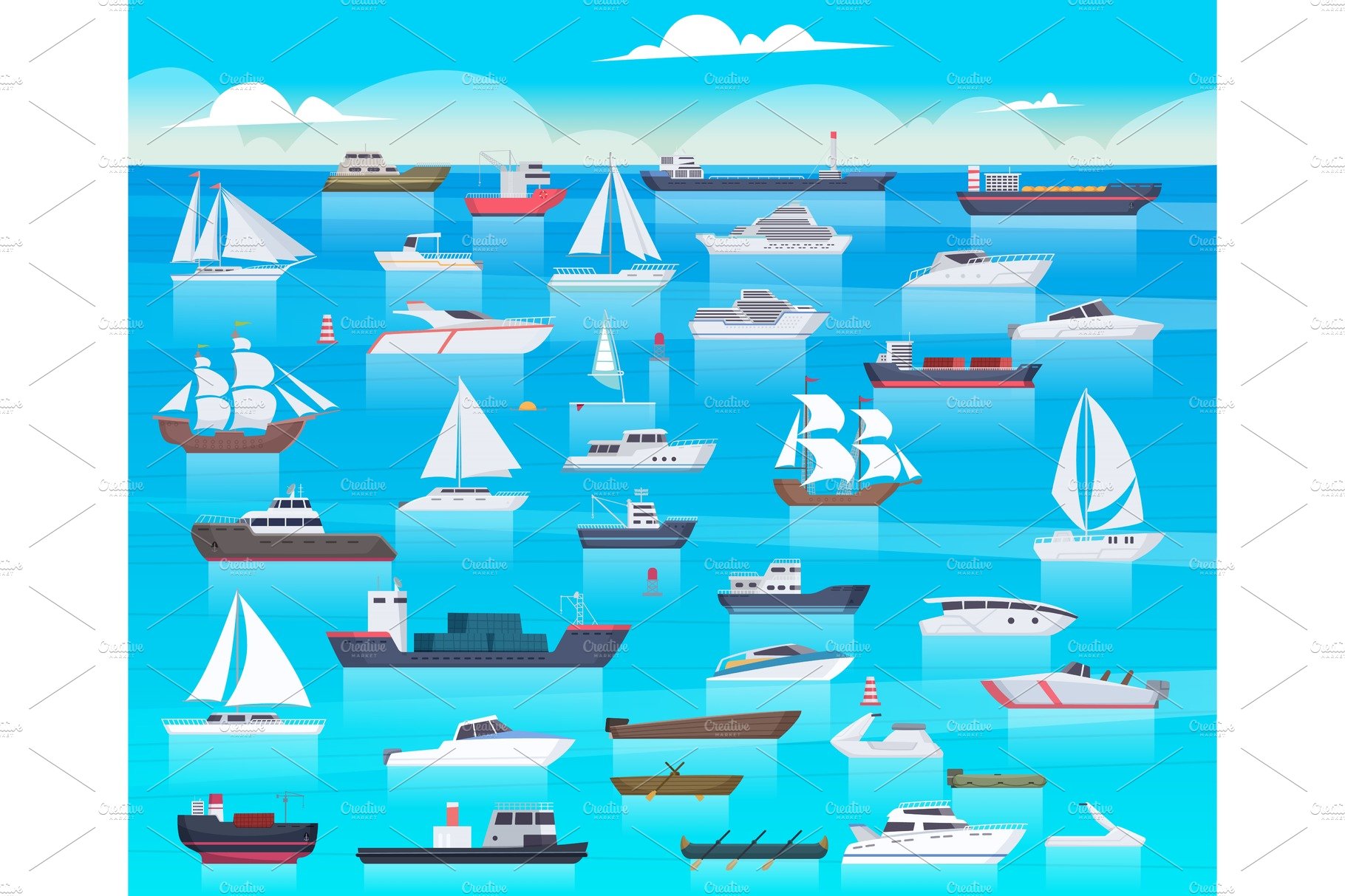 Ship in sea. Sailing boats and cover image.