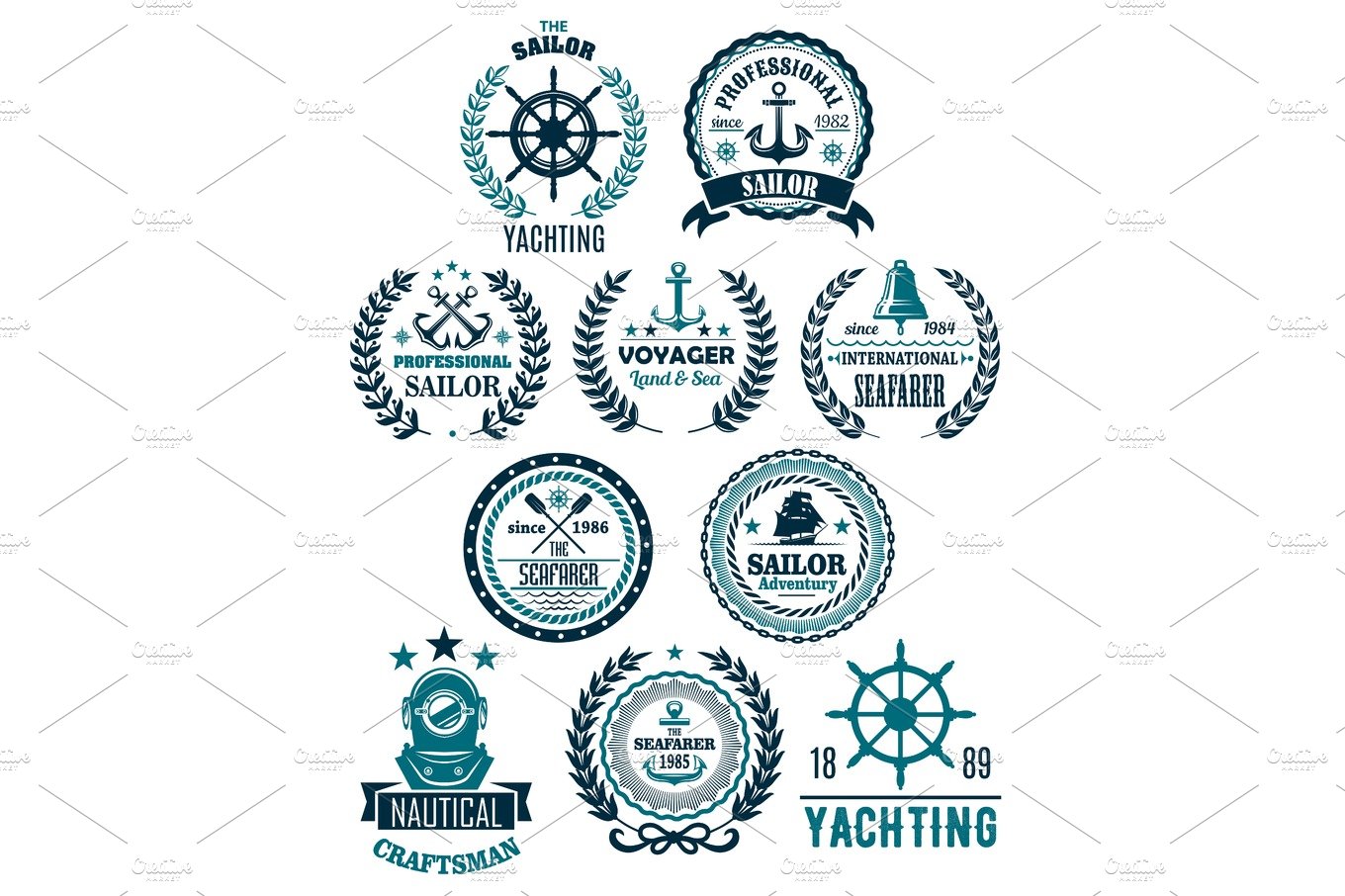 Vector nautical marine heraldic icons for yachting cover image.