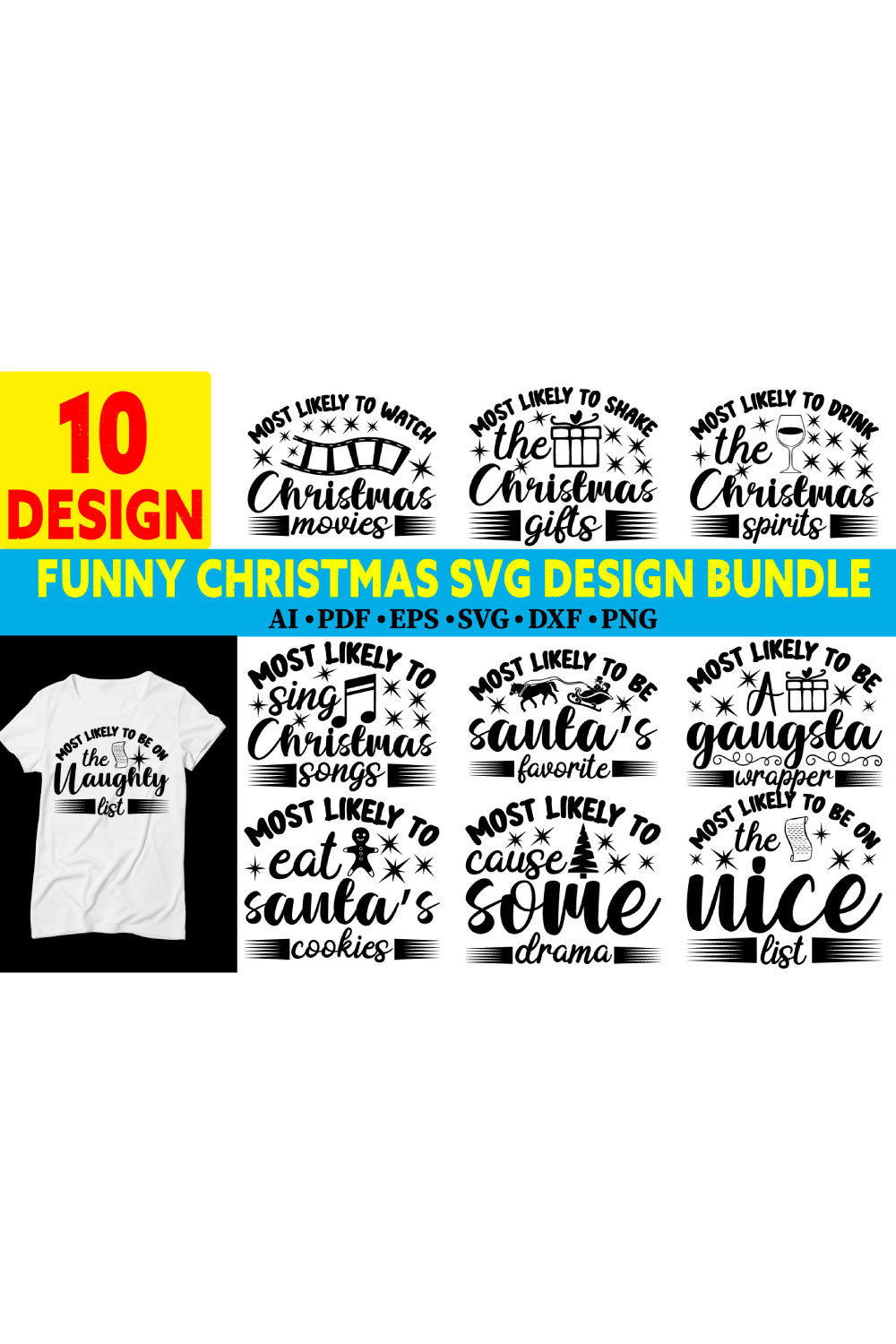 Christmas Funny SVG T-shirt Bundle pinterest preview image.