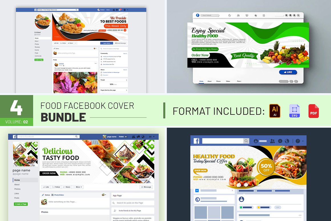 Four facebook covers with different images of food items.