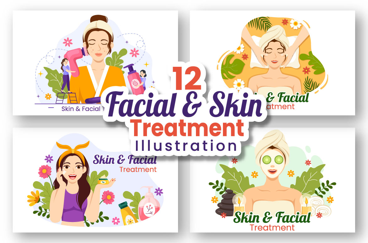 Facial and skin treatment illustrations.