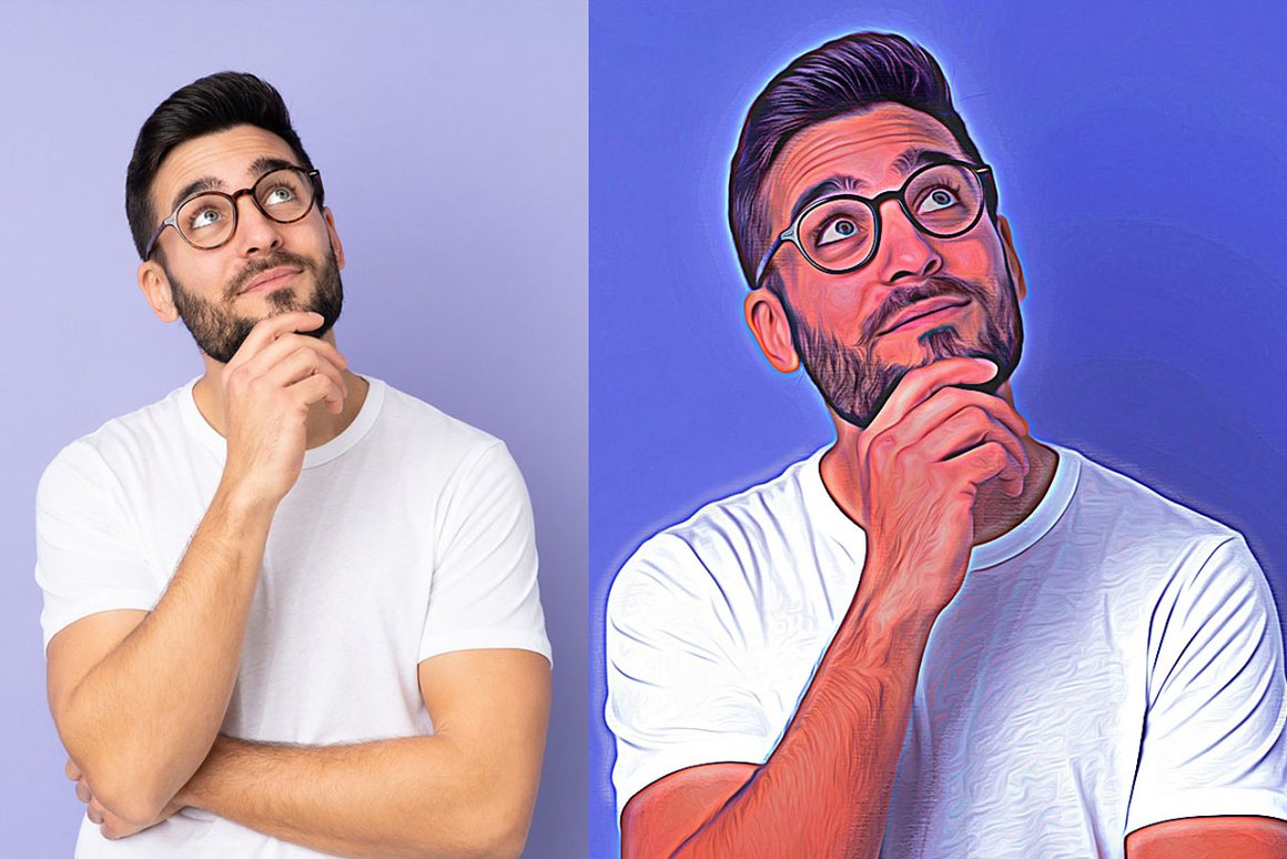 Man in a white t - shirt and a painting of a man with glasses.