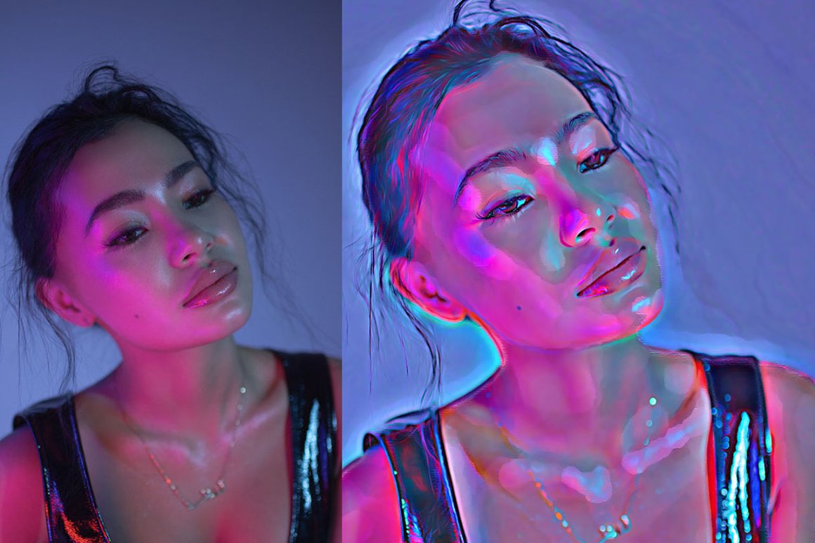 Two photos of a woman with neon makeup.