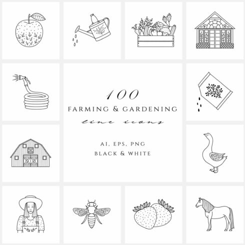 Farming & gardening line icon set cover image.