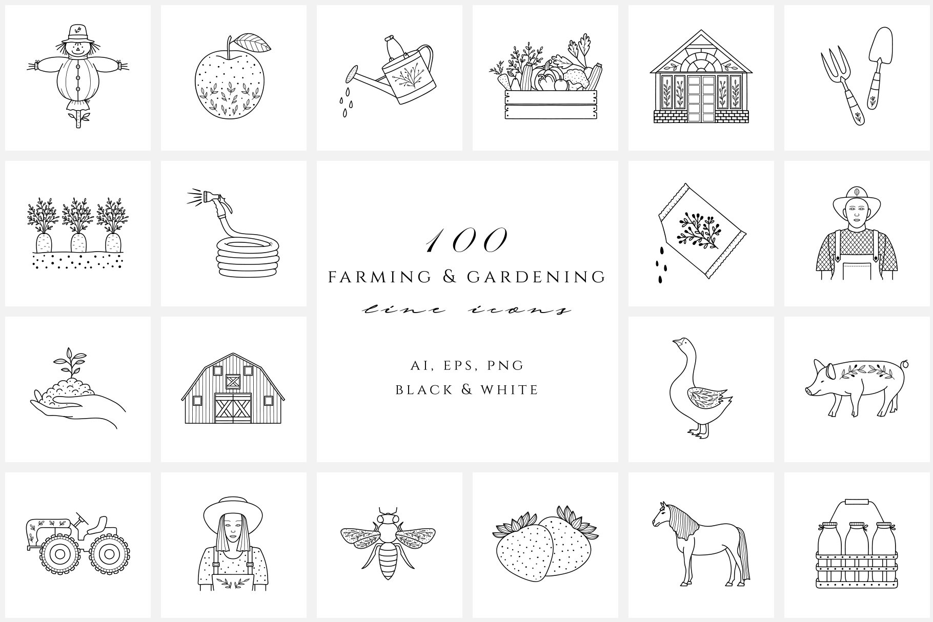 Farming & gardening line icon set cover image.