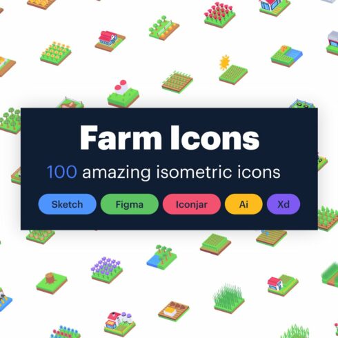 100 Isometric Farm Icons cover image.