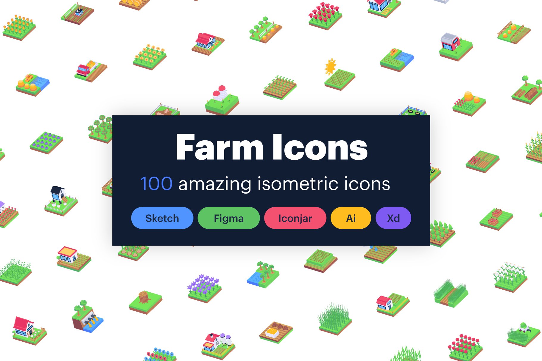 100 Isometric Farm Icons cover image.