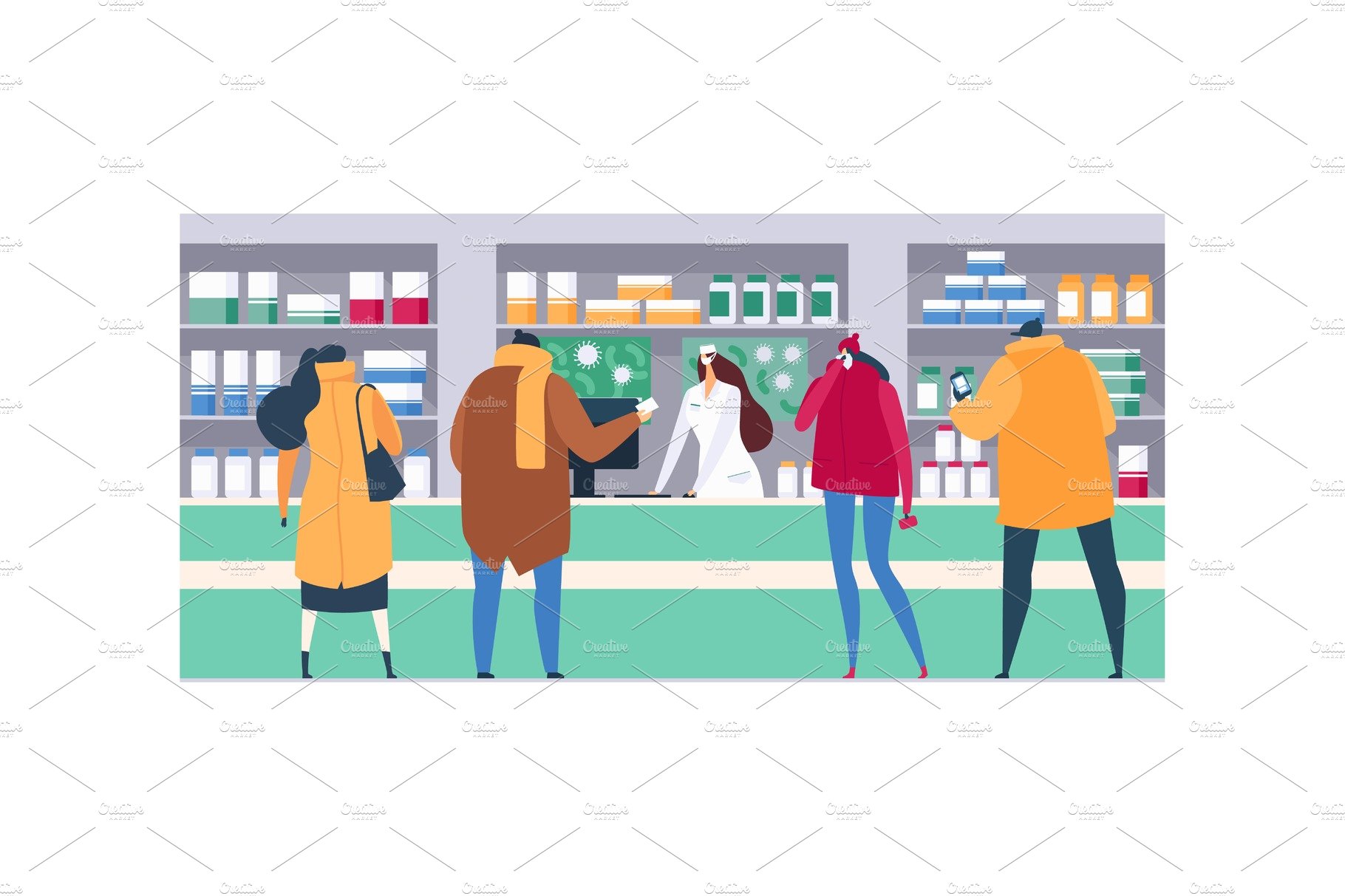 Flu season care in pharmacy, vector cover image.