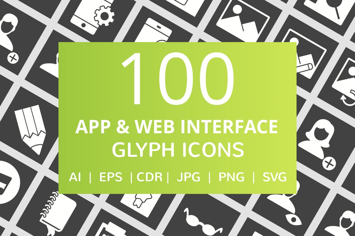 100 App & Web Interface Glyph Icons cover image.
