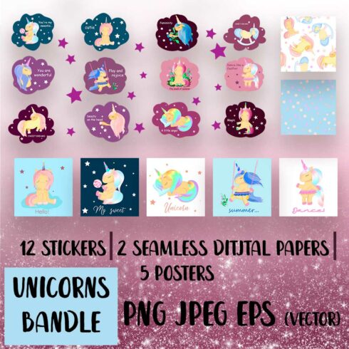 Unicorns bundle png eps jpeg cover image.
