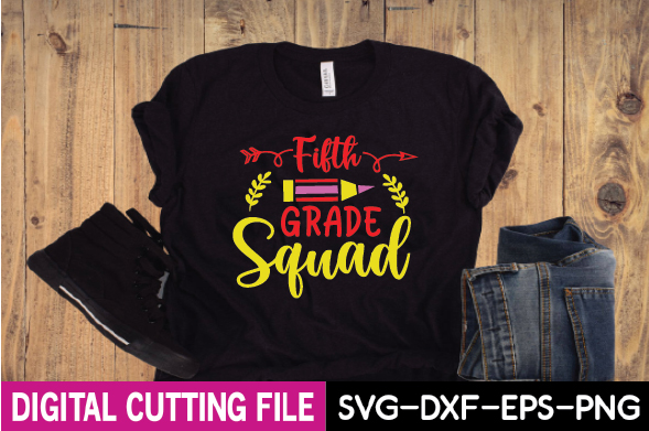 T - shirt that says fifth grade squad next to a pair of jeans.