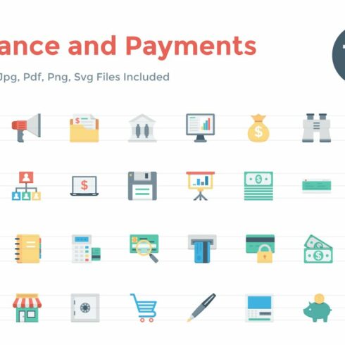 150+ Flat Finance and Payments Icons cover image.