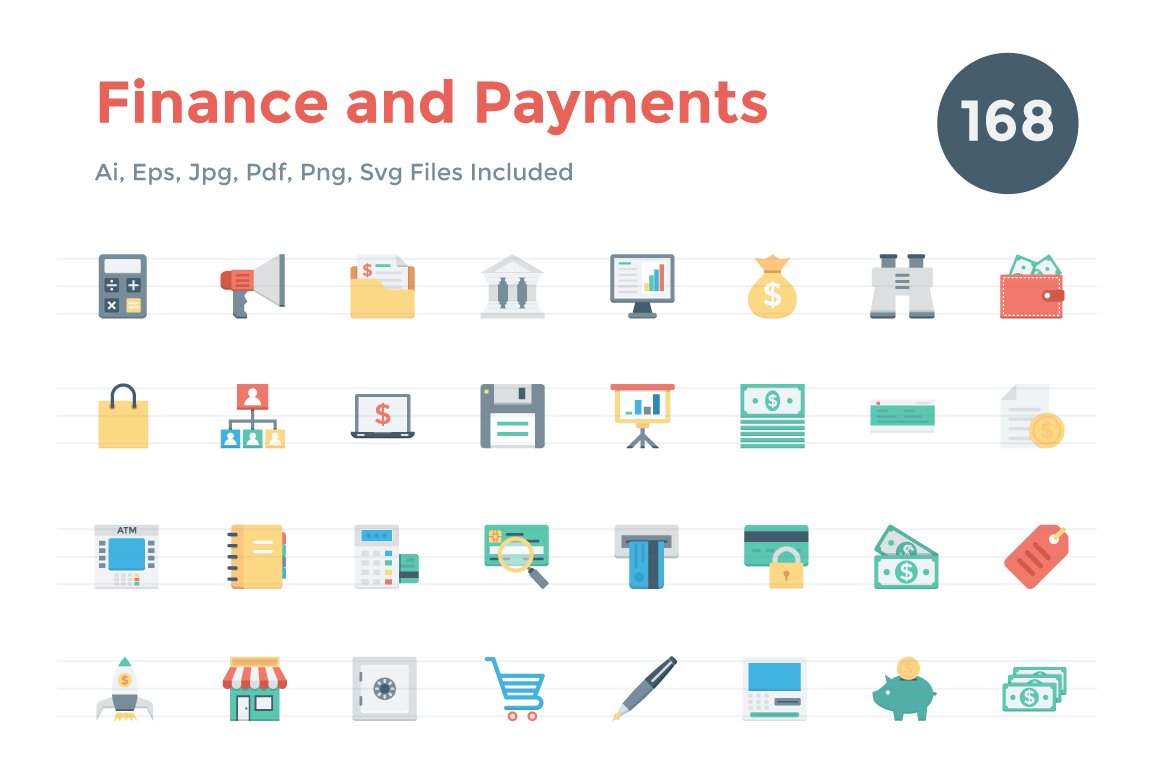 150+ Flat Finance and Payments Icons cover image.