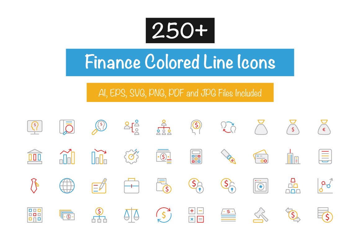 250+ Finance Colored Line Icons cover image.