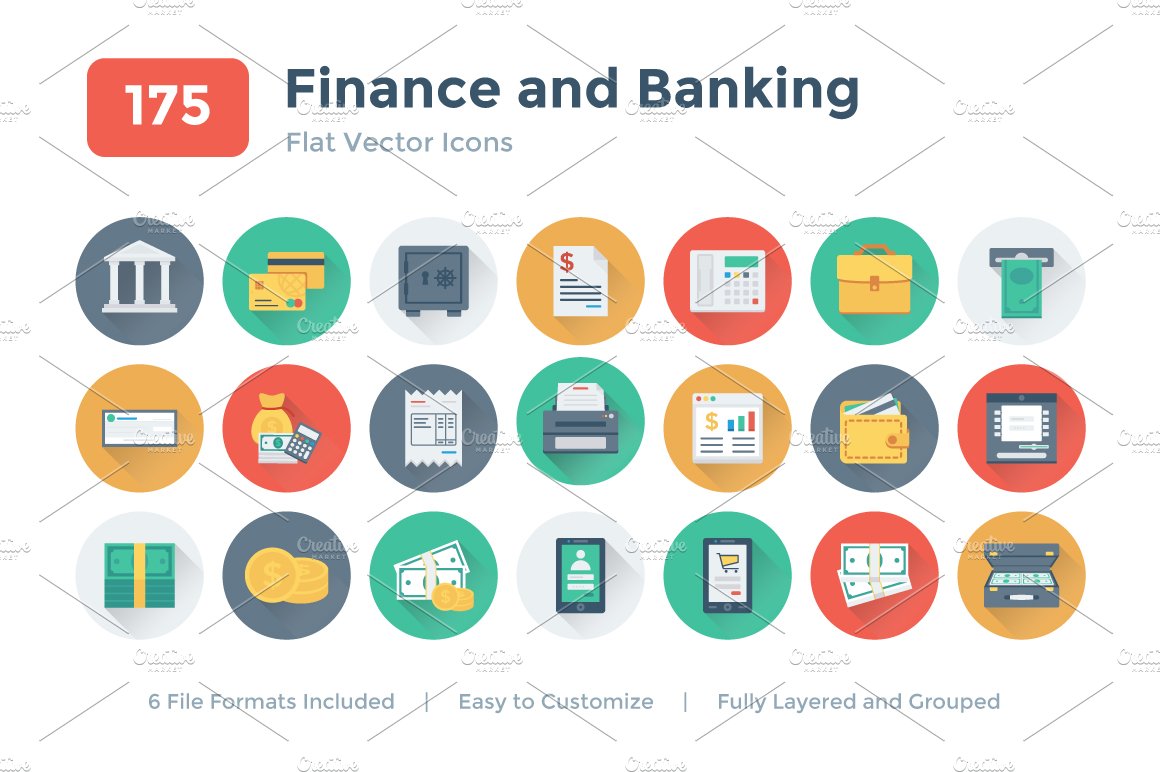 175 Flat Finance and Banking Icons cover image.