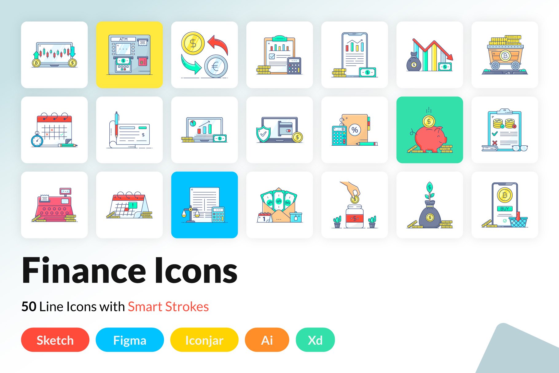 Pack of Finance Flat Icons cover image.