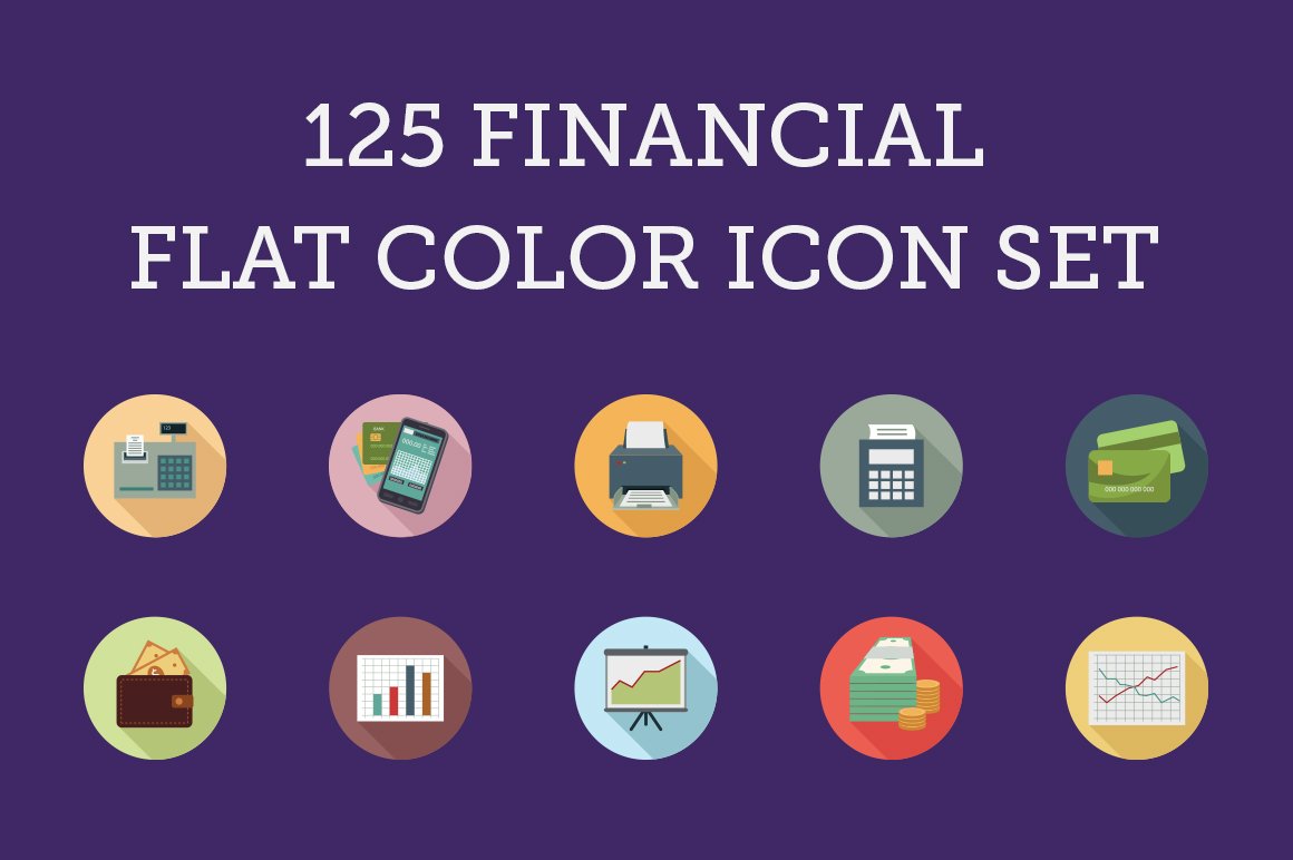 125 Financial Flat Color Icon Set cover image.