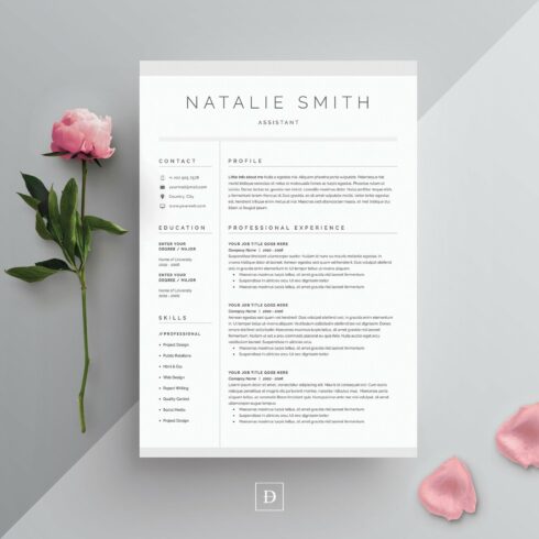Professional resume template with a pink rose.