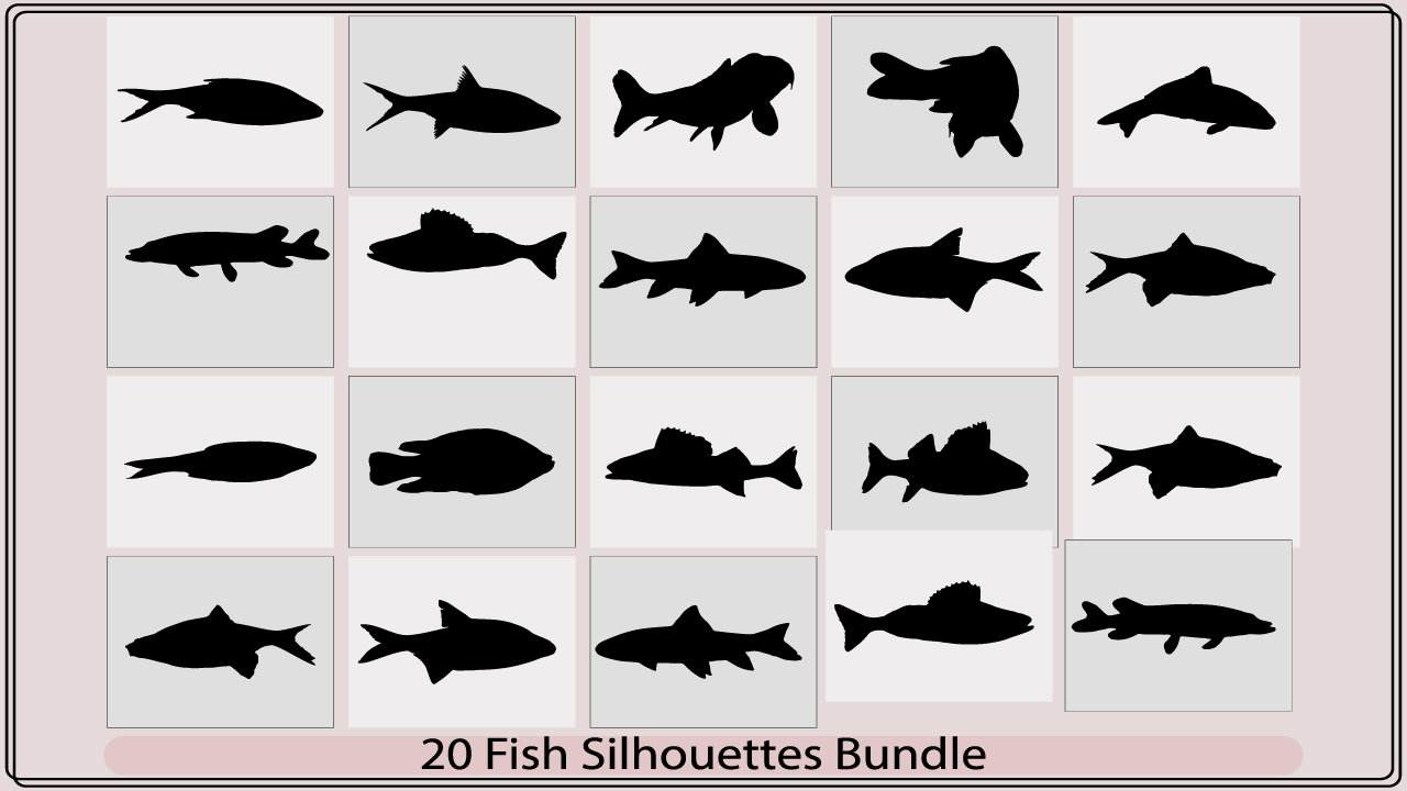 Fish silhouettes bundle is shown in black and white.