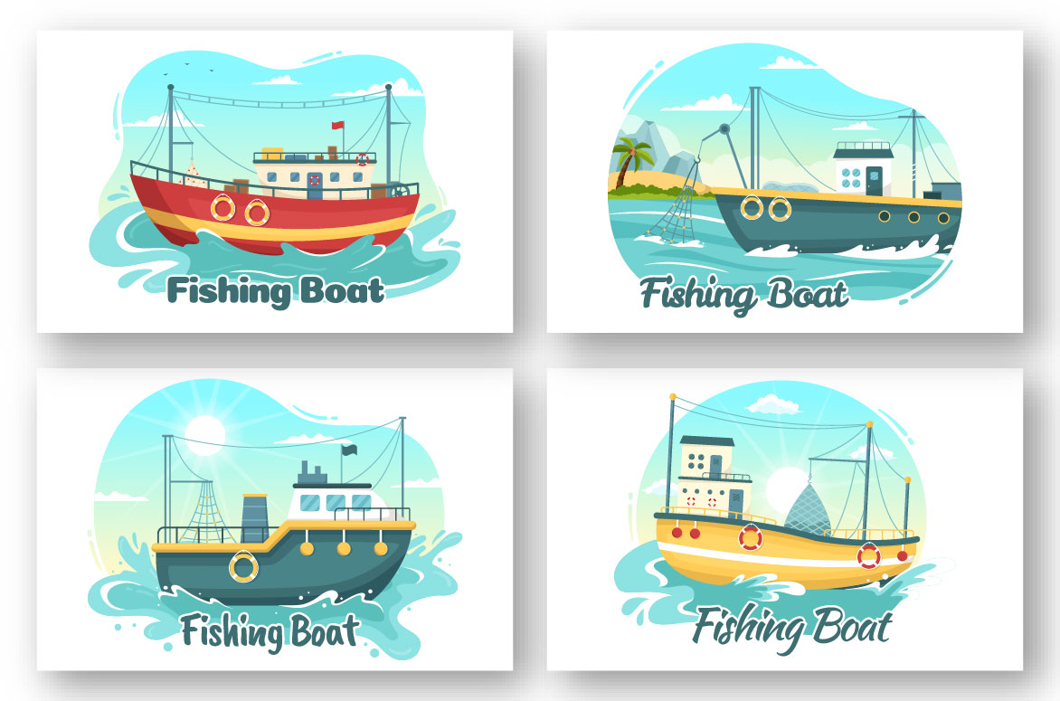 Four different types of fishing boats.